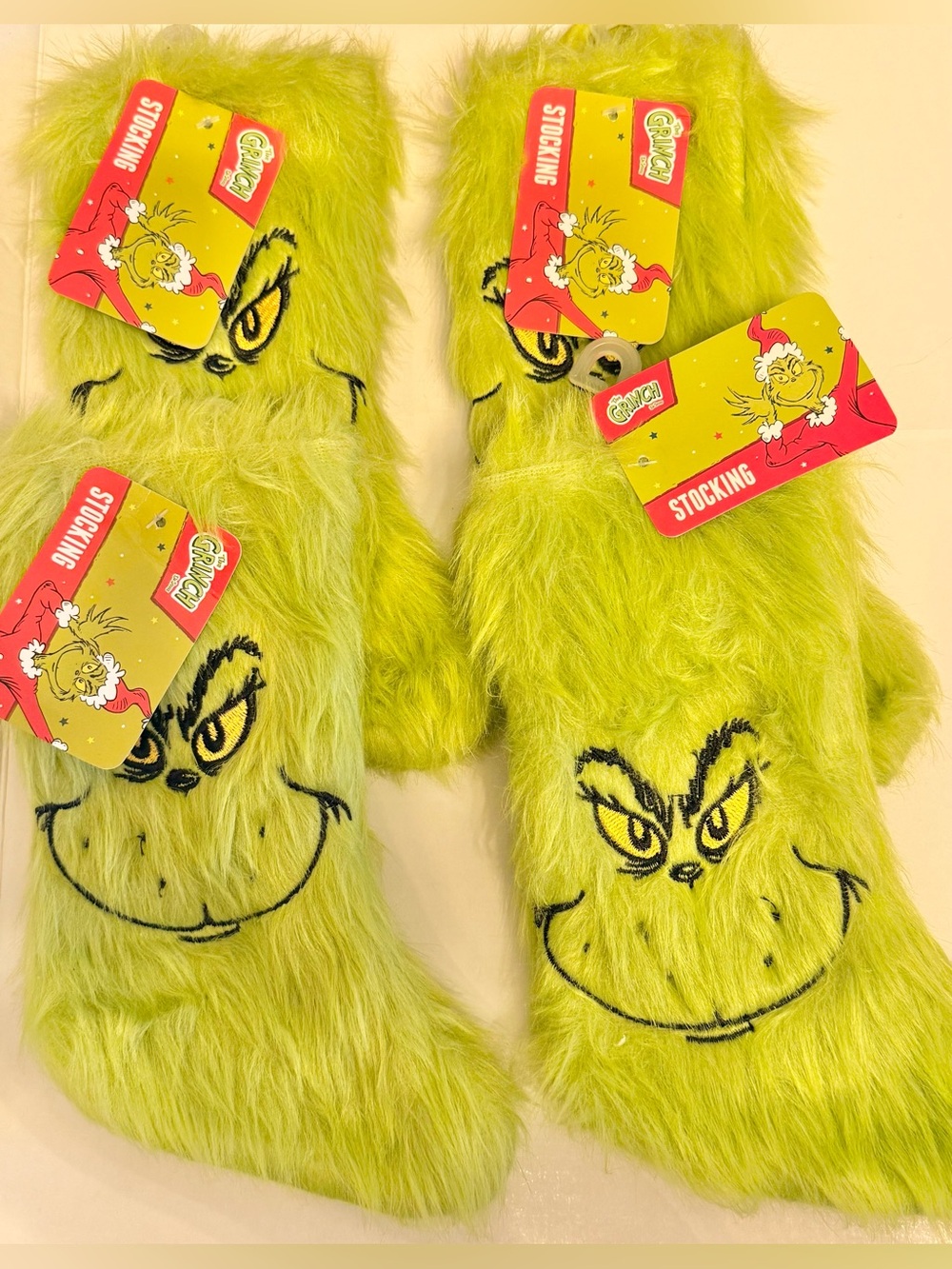 4)Dr. Seuss The GRINCH 9" Furry Face Stocking by RUZ new